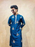 Men's Blue Silk Bead Work Embroidered Kurta Set