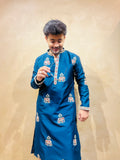 Men's Blue Silk Bead Work Embroidered Kurta Set
