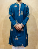 Men's Blue Silk Bead Work Embroidered Kurta Set