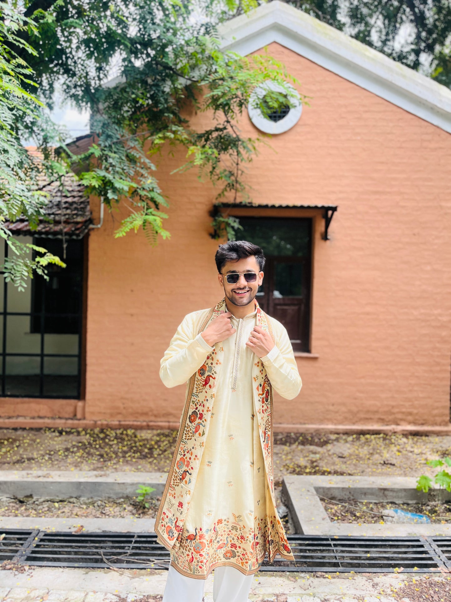 Men's Cream Jacquard Kurta with Swarovski Work & Position Print