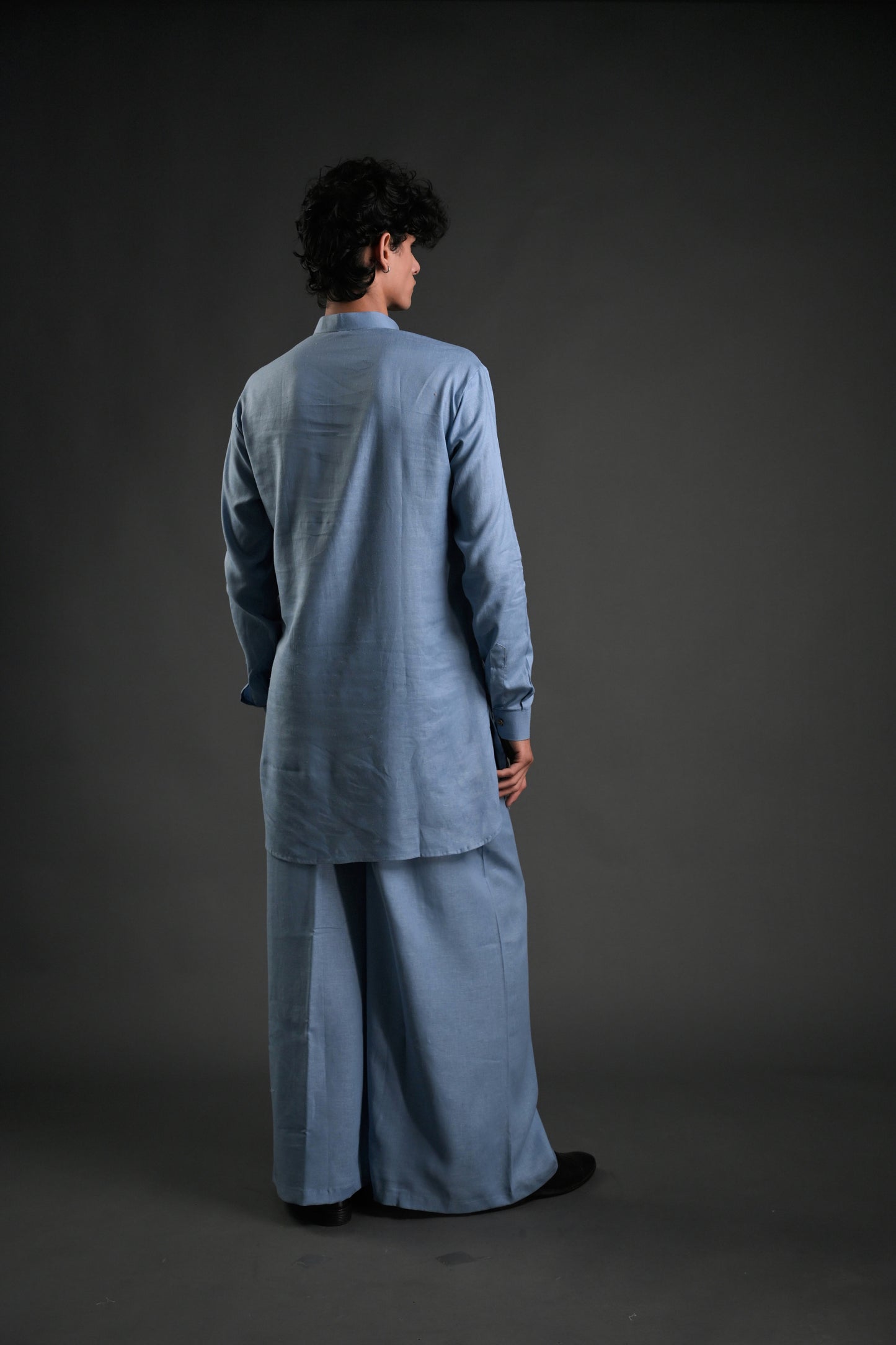 Classic Blue Linen Blend Pathani Suit with Flared Pants