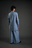 Classic Blue Linen Blend Pathani Suit with Flared Pants