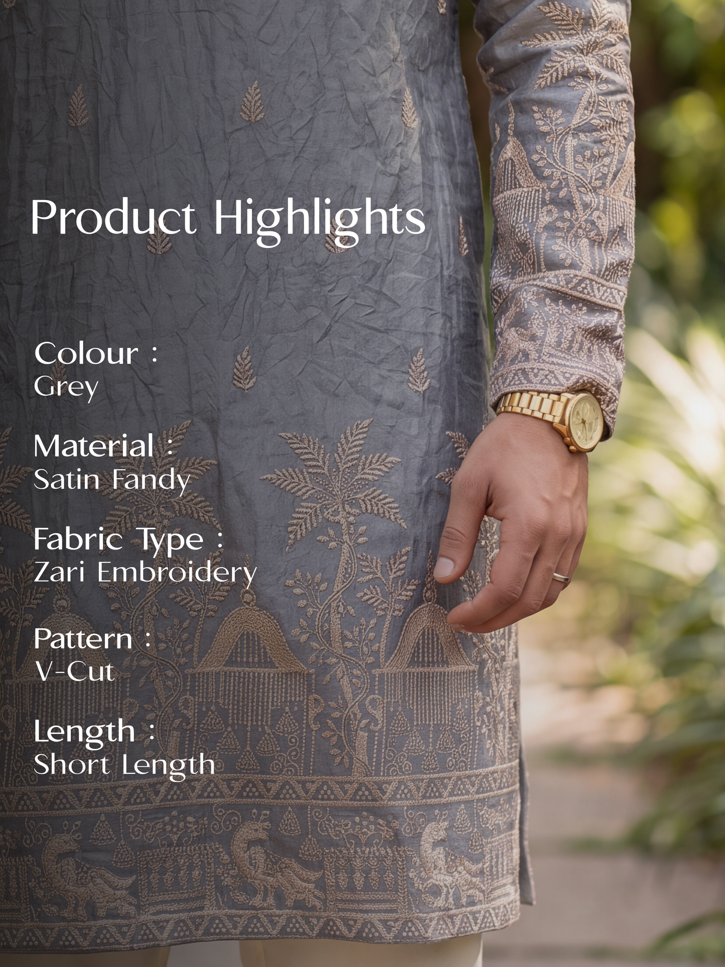 Grey Satin Fancy Short Kurta Set with Zari Embroidery