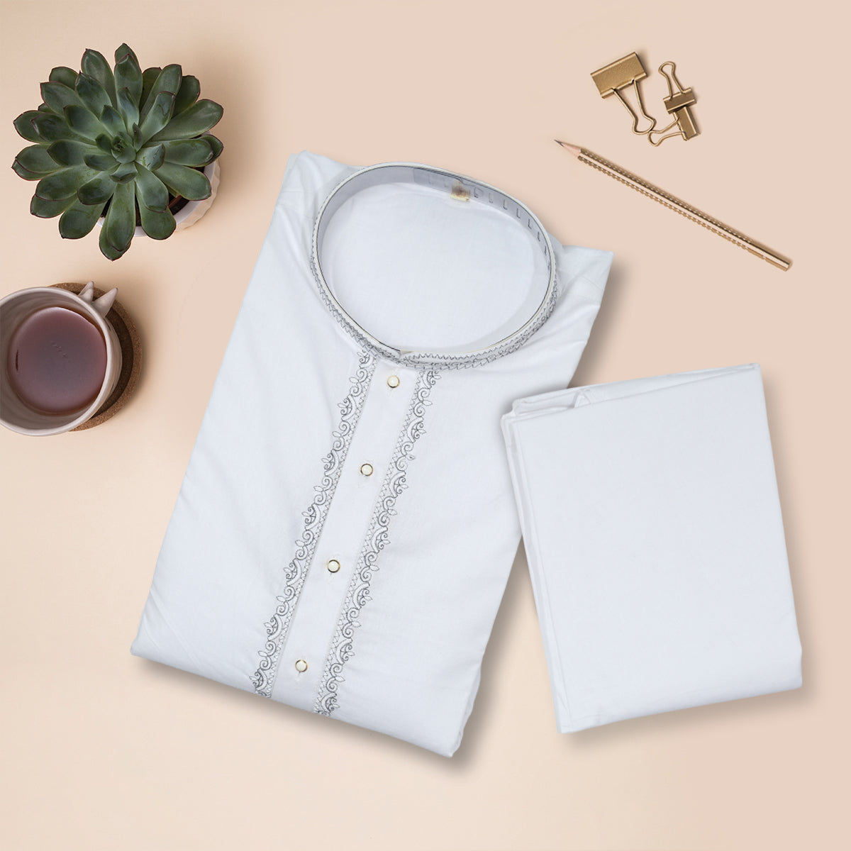Cotton Kurta Set with V-Neck Thread Embroidery