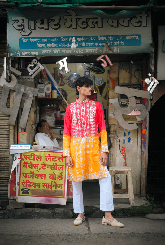 Pink and Yellow Silk Kurta Set