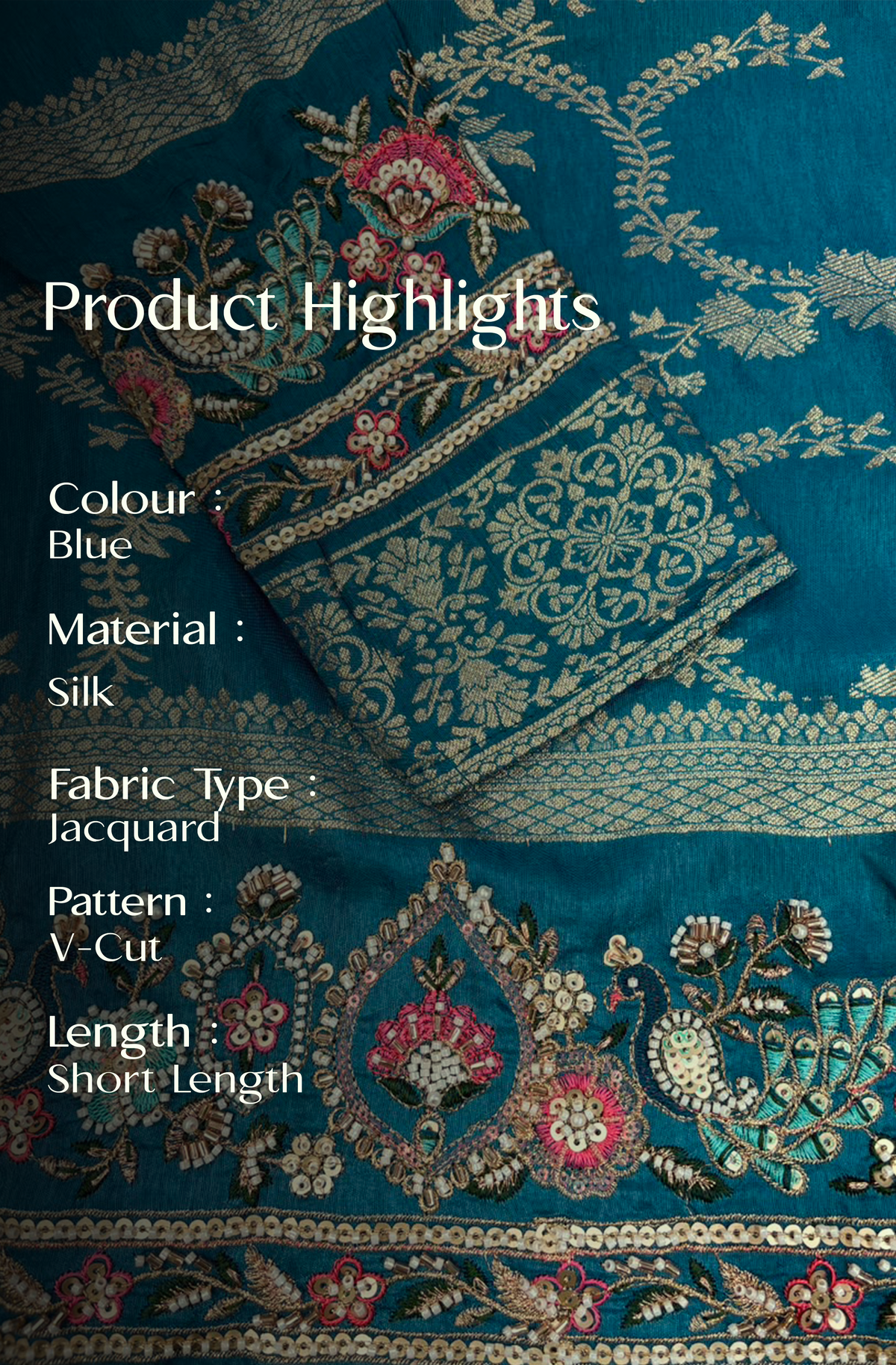 Blue Jacquard Silk Short Kurta Set with Multicolour Embroidery & Bead Work