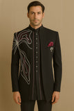 Men's Black Floral Embroidered 3-Piece Jodhpuri Set with Brooch