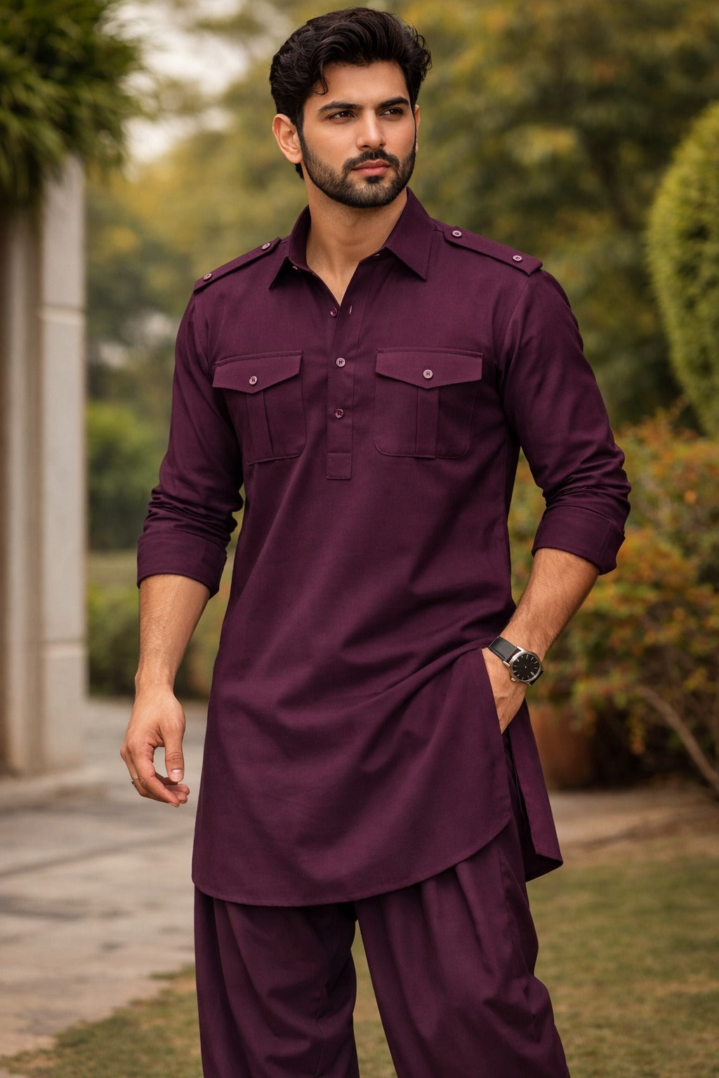 Wine Pathani Kurta-Bottom Set