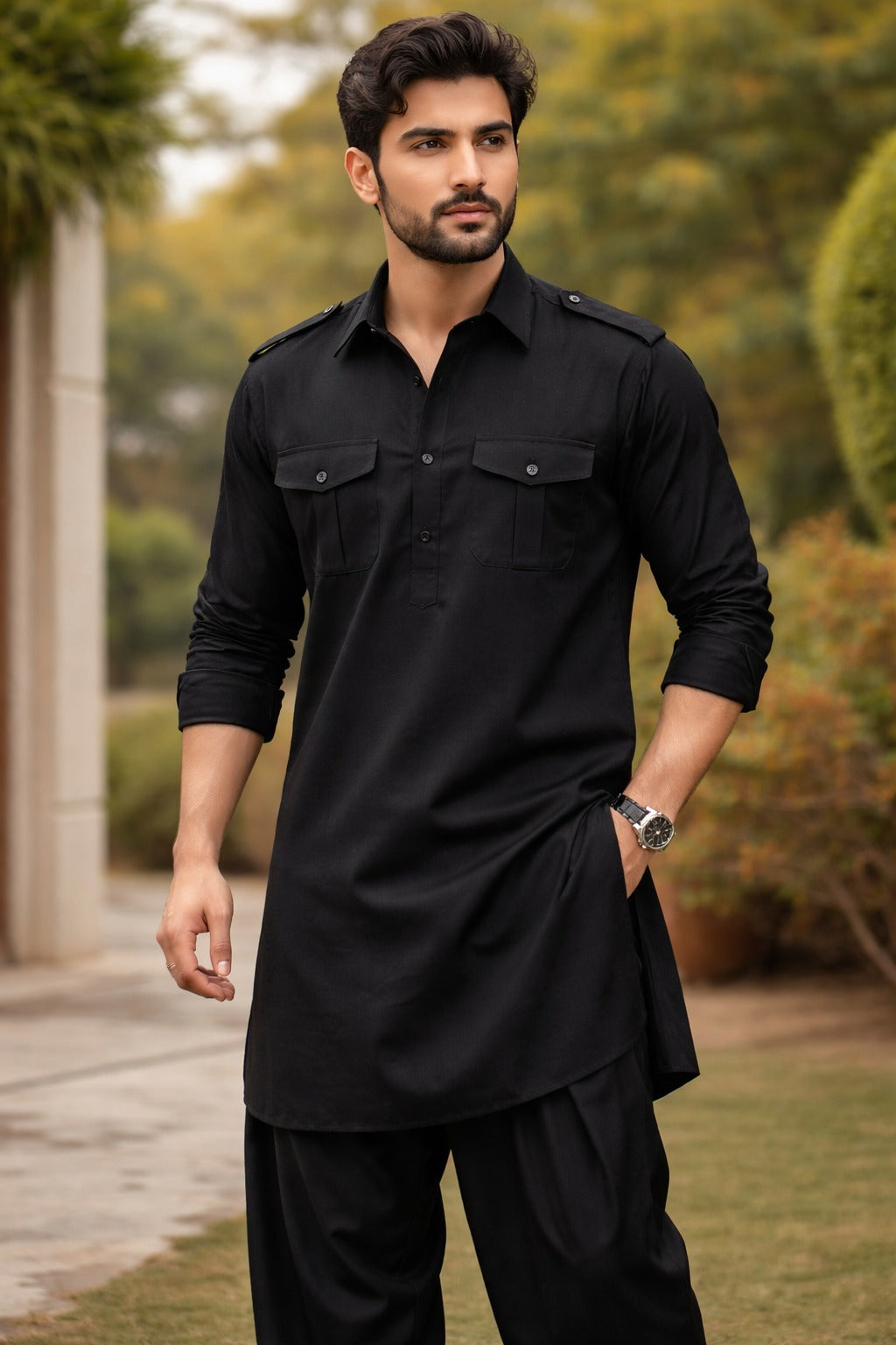 Black Pathani Kurta-Bottom Set