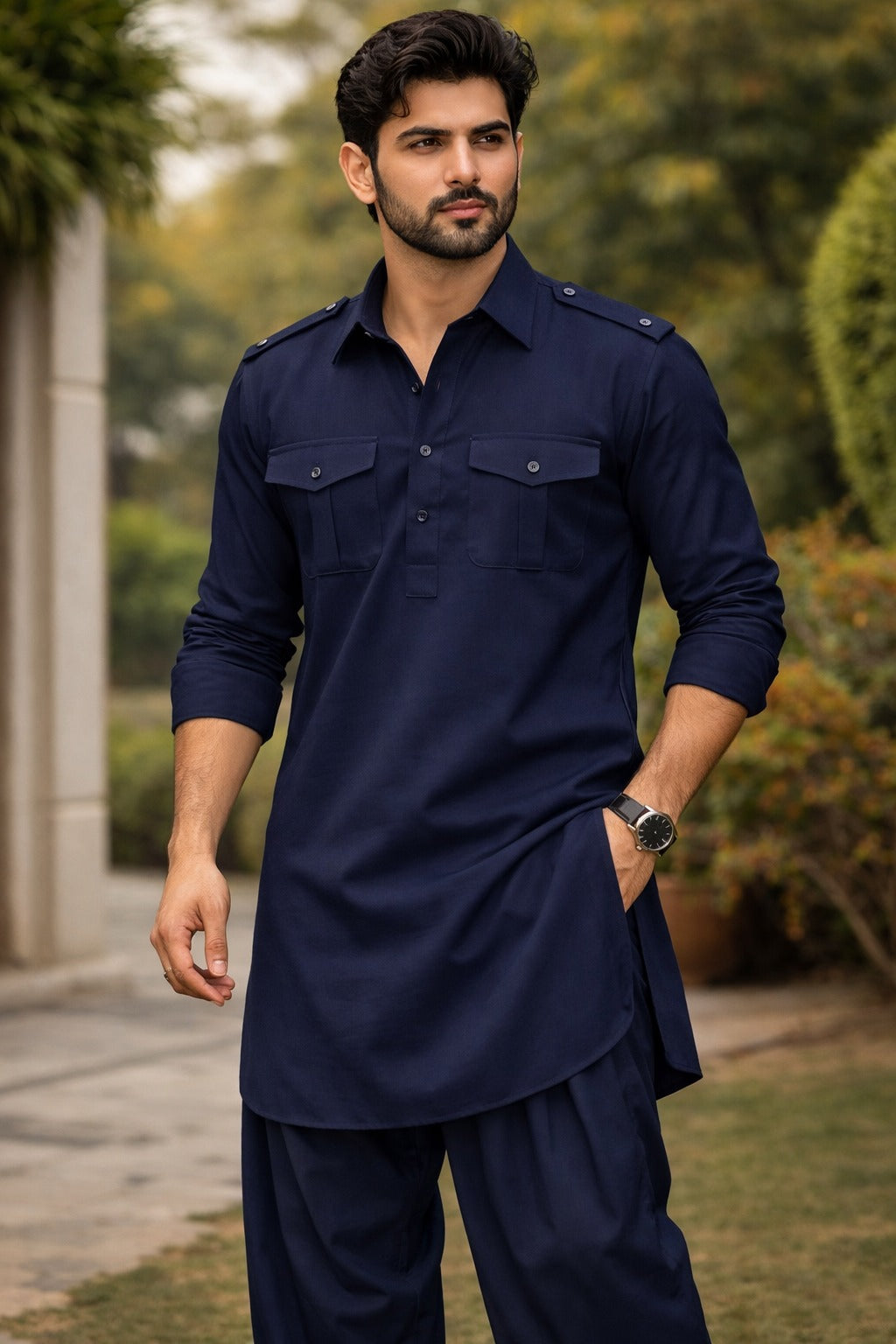 Navy Blue Pathani Kurta-Bottom Set