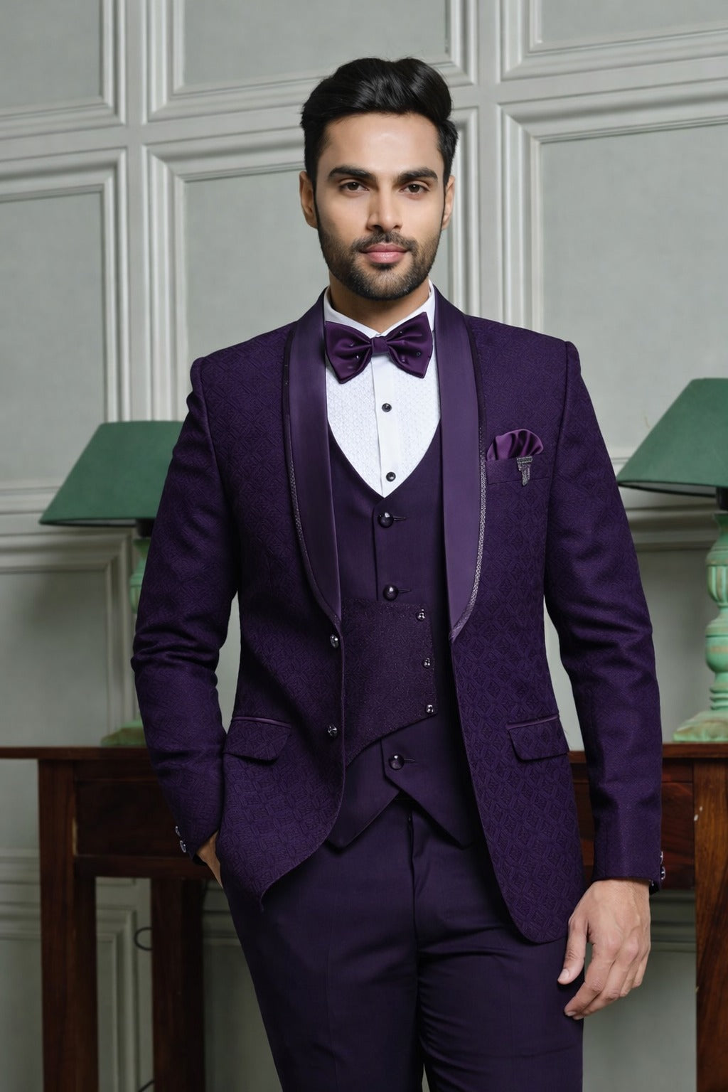 Jacquard Shawl Collar Tuxedo Suit with Dual Waistcoat