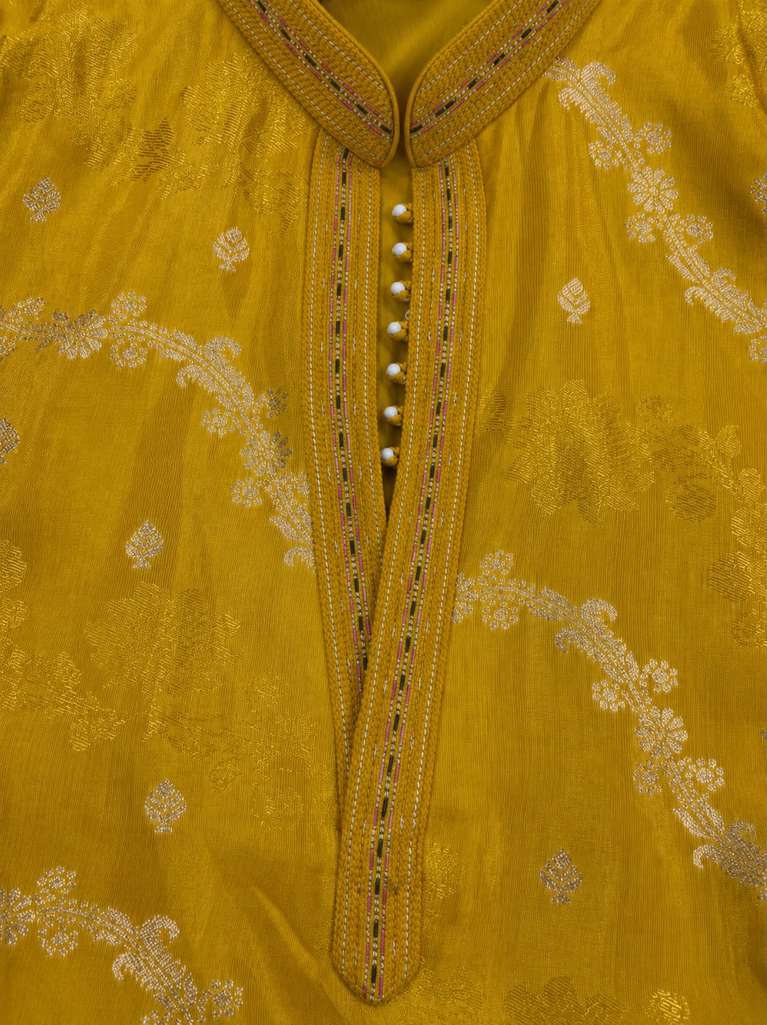 Yellow Jacquard Silk Short Kurta Set with Multicolour Embroidery & Bead Work