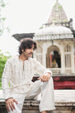 Men's Off-White Viscose Silk Kurta Set with Sequin & Mirror Work Embroidery