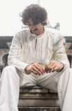Men's Off-White Viscose Silk Kurta Set with Sequin & Mirror Work Embroidery