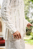 Men's Off-White Viscose Silk Kurta Set with Sequin & Mirror Work Embroidery