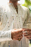 Men's Off-White Viscose Silk Kurta Set with Sequin & Mirror Work Embroidery