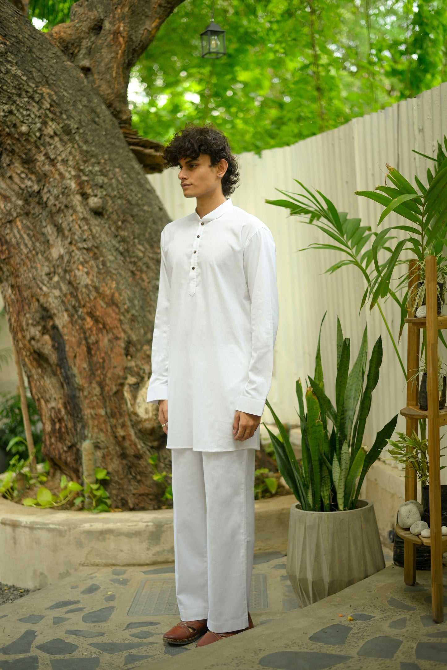 White Linen Blend Short Kurta Set
