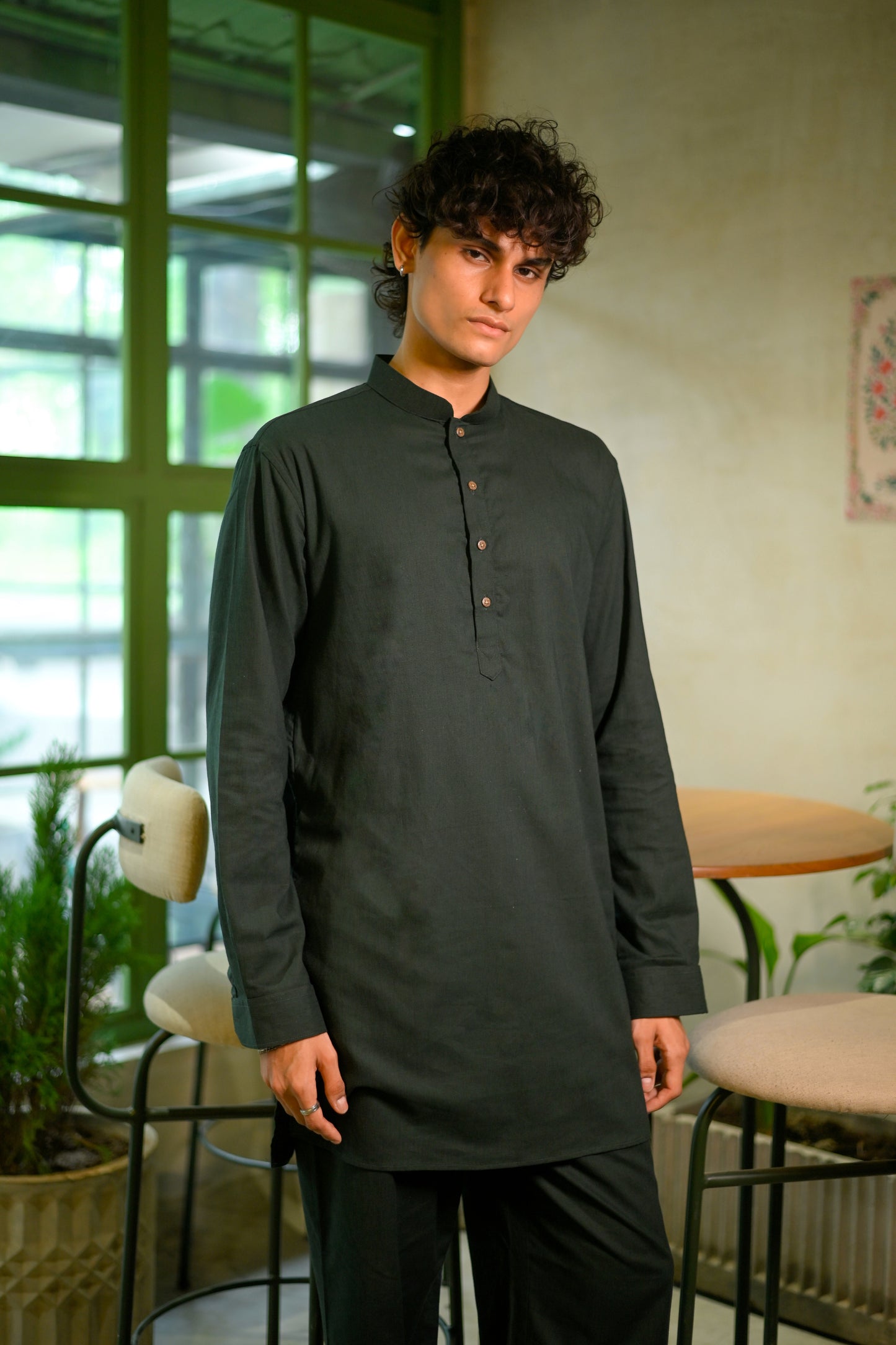 Bottle Green Linen Blend Short Kurta Set