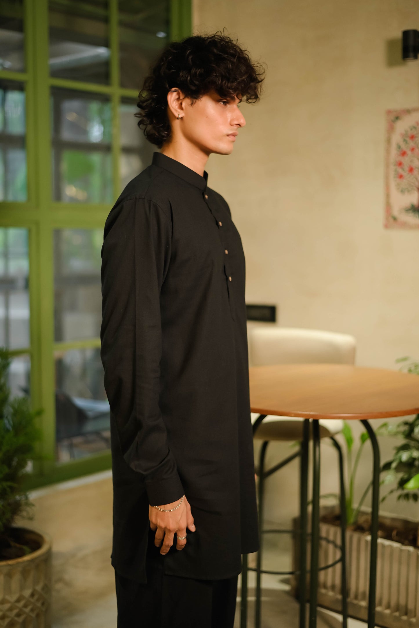 Black Linen Blend Short Kurta Set