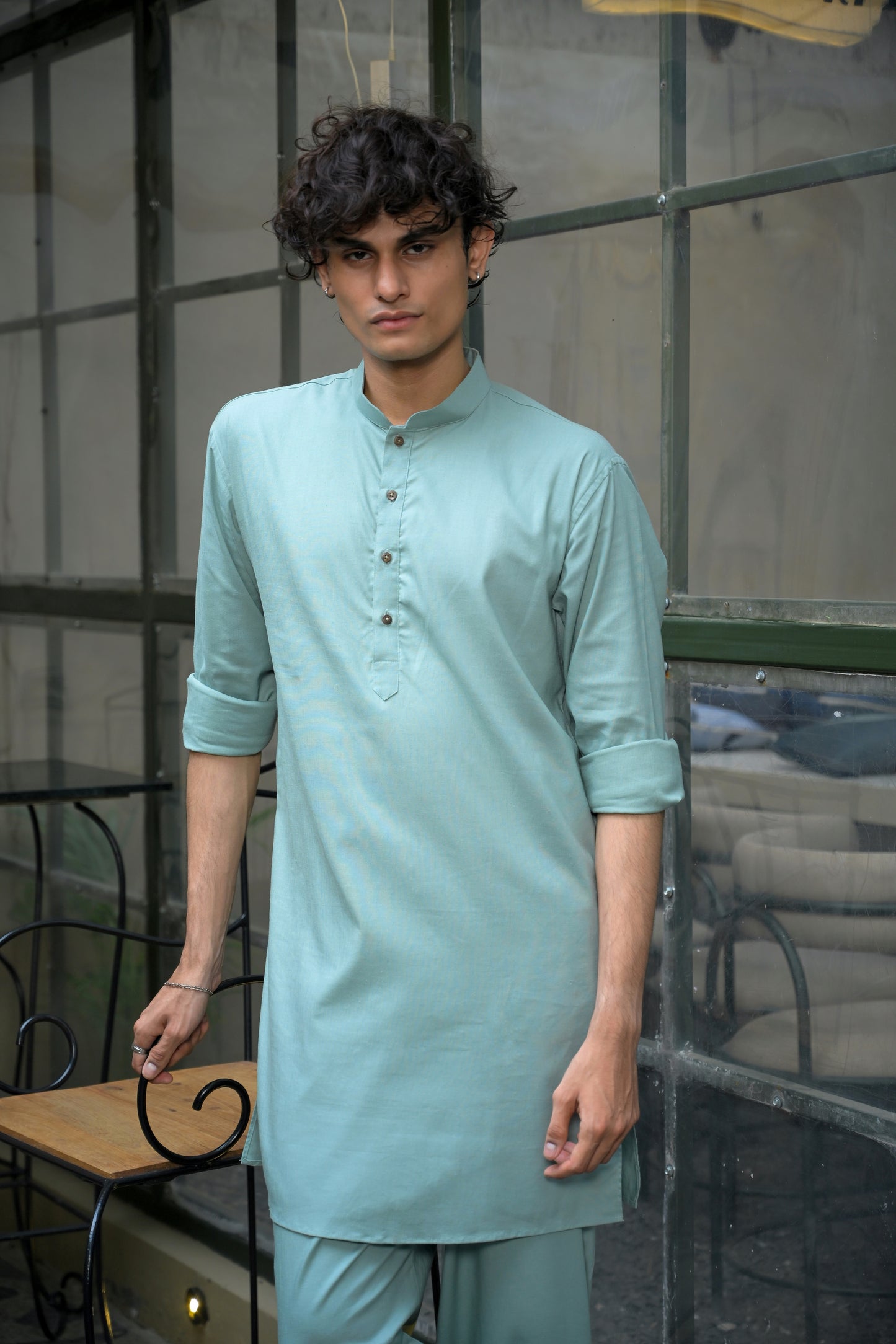 Pista Linen Blend Short Kurta Set