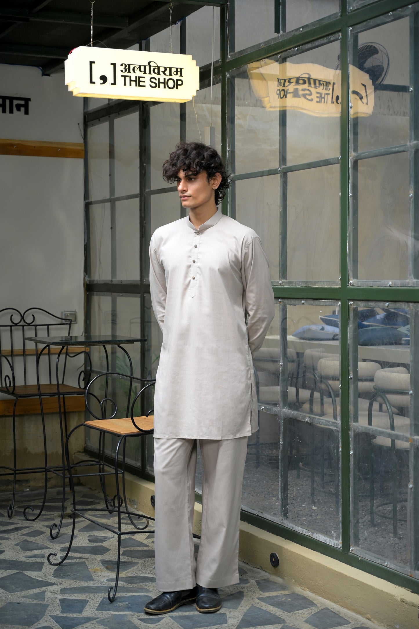 Grey Linen Blend Short Kurta Set
