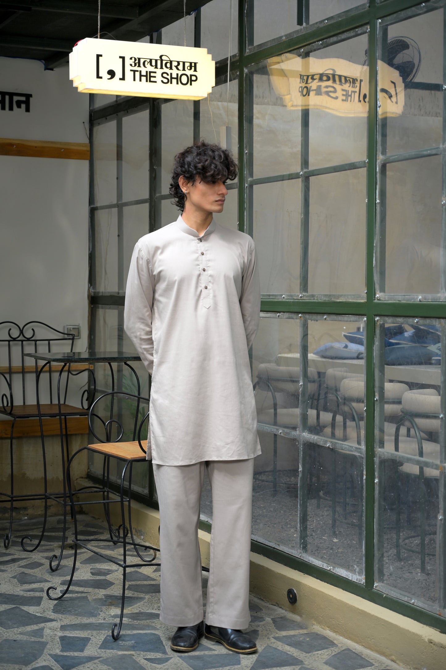 Grey Linen Blend Short Kurta Set
