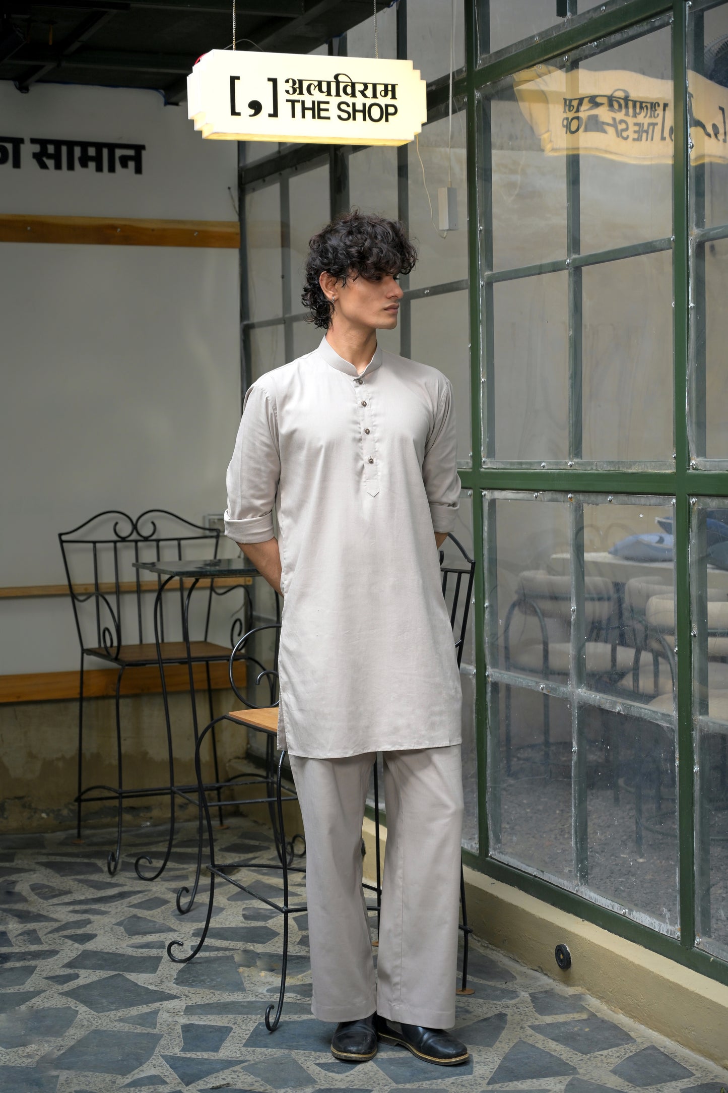 Grey Linen Blend Short Kurta Set