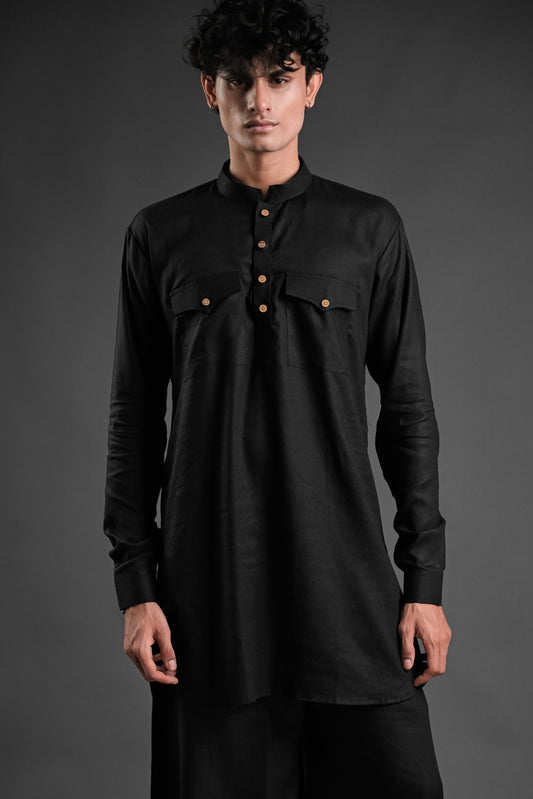 Classic Black Linen Blend Pathani Suit with Flared Pants