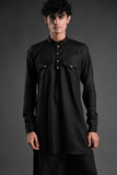 Classic Black Linen Blend Pathani Suit with Flared Pants