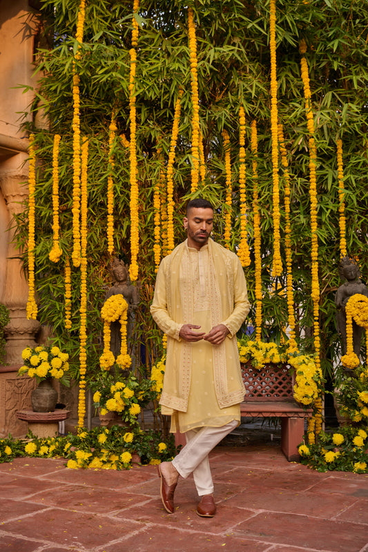 Pastel Yellow Festive Kurta Set with Dupatta