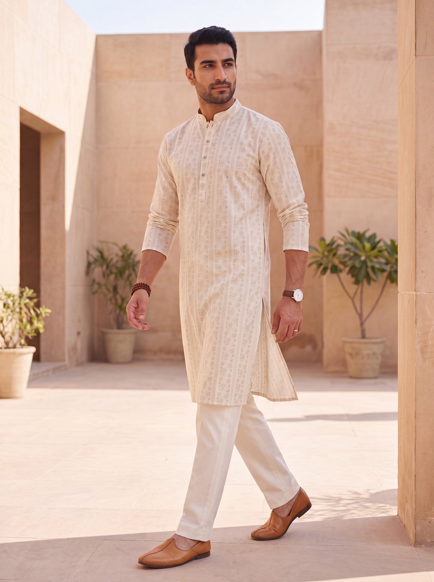 Off White Cotton Straight Cut Long Kurta Set with Printed Design