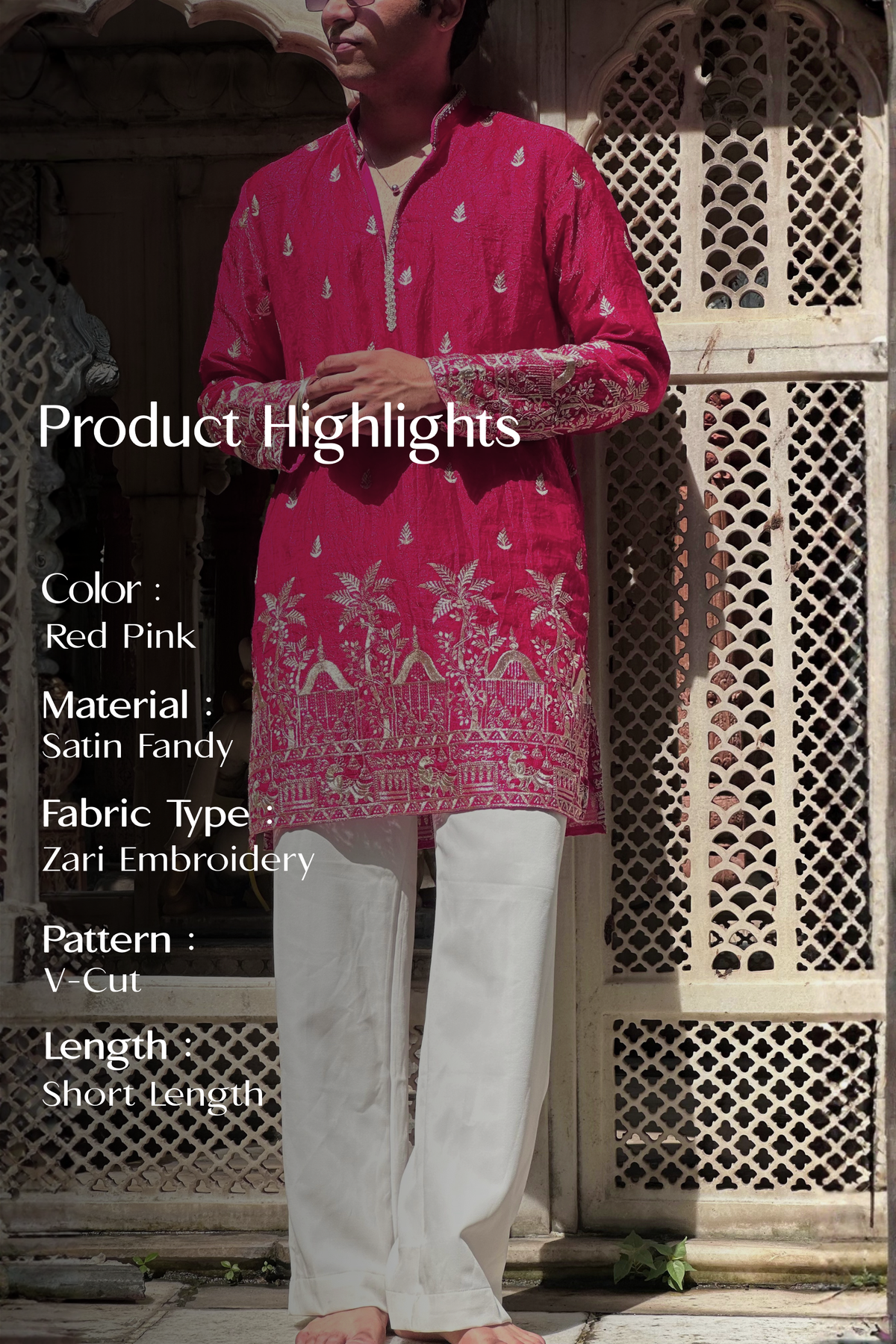 Red Pink Satin Fancy Short Kurta Set with Zari Embroidery