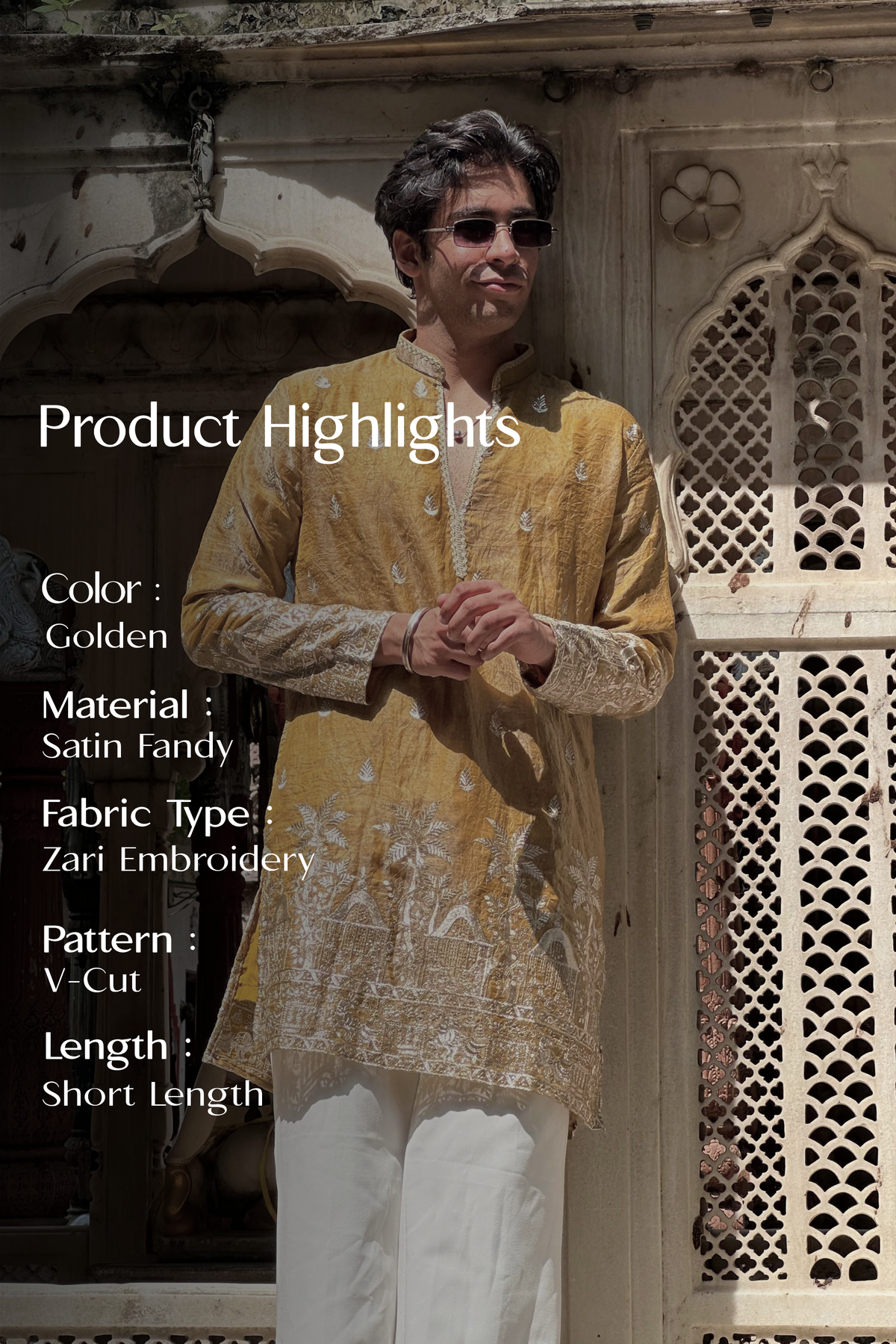 Golden Satin Fancy Short Kurta Set with Zari Embroidery