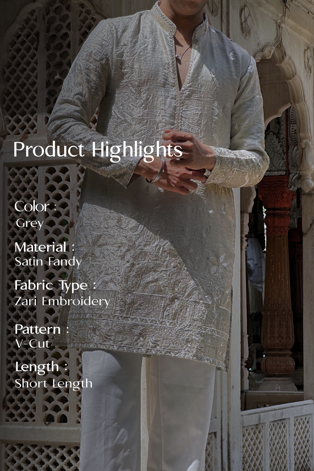 Grey Satin Fancy Short Kurta Set with Zari Embroidery