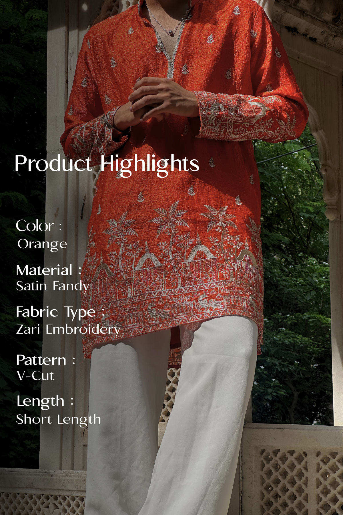 Orange Satin Fancy Short Kurta Set with Zari Embroidery