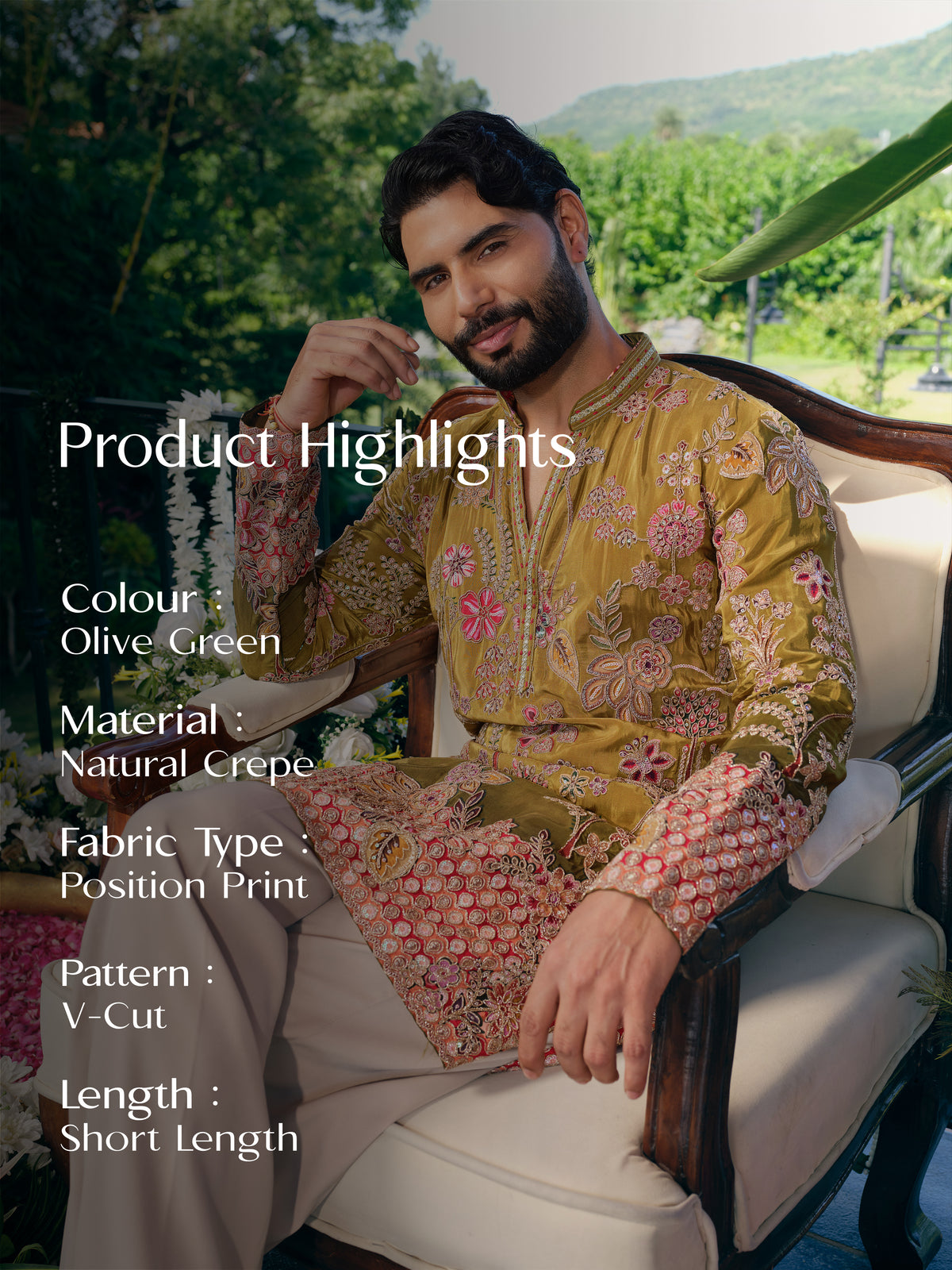Olive Green Short Kurta Set with Position Print