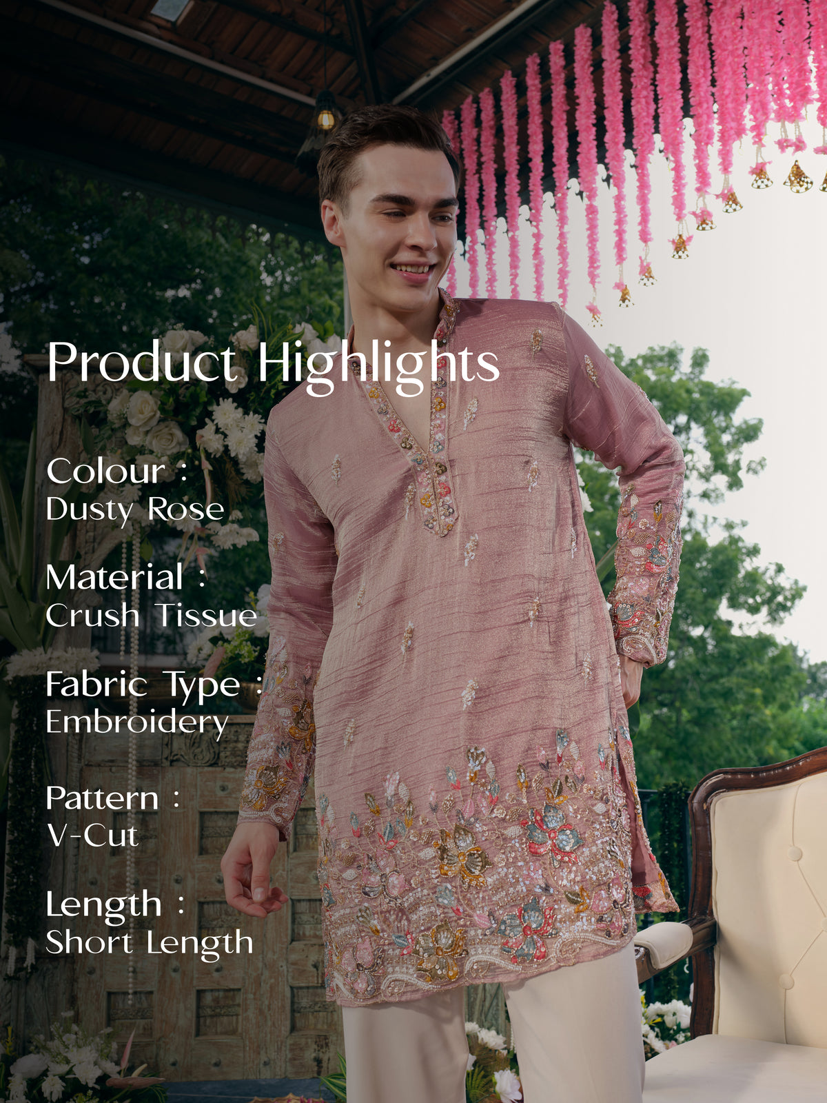 Dusty Rose Crush Tissue Short Kurta Set with Embroidery and Beads
