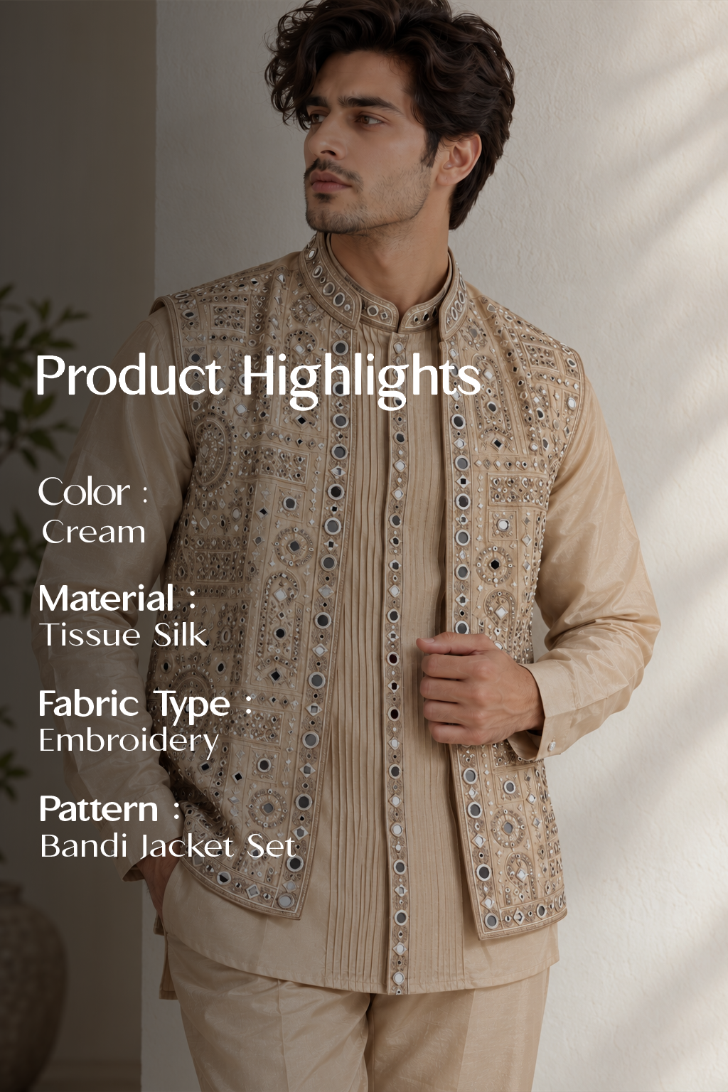 Golden Fawn Tissue Silk Bandi Jacket Kurta Set with Mirror Work and Thread Embroidery
