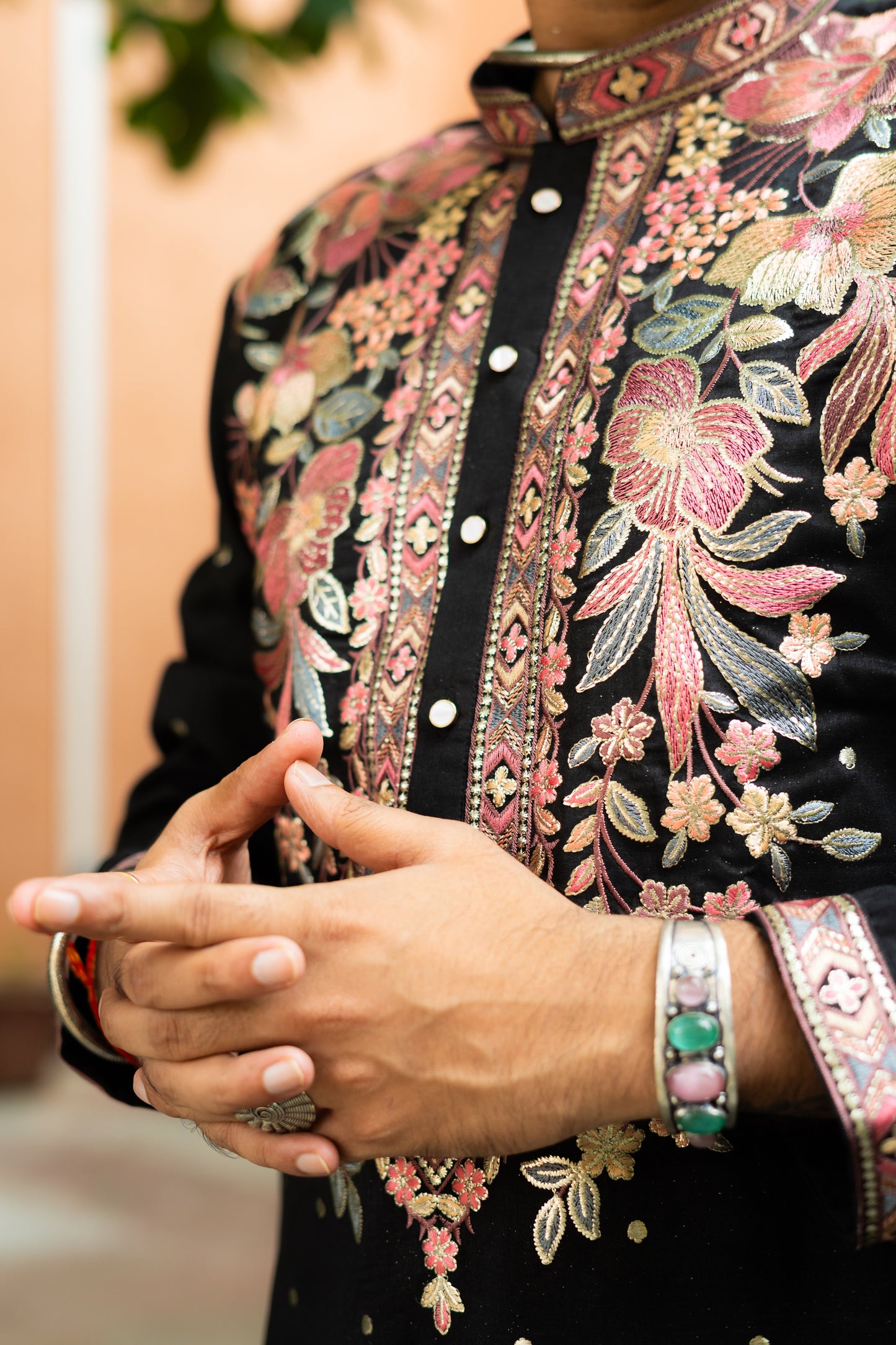 Men's Black Silk Foil & Multicolour Thread Work Embroidered Kurta Set