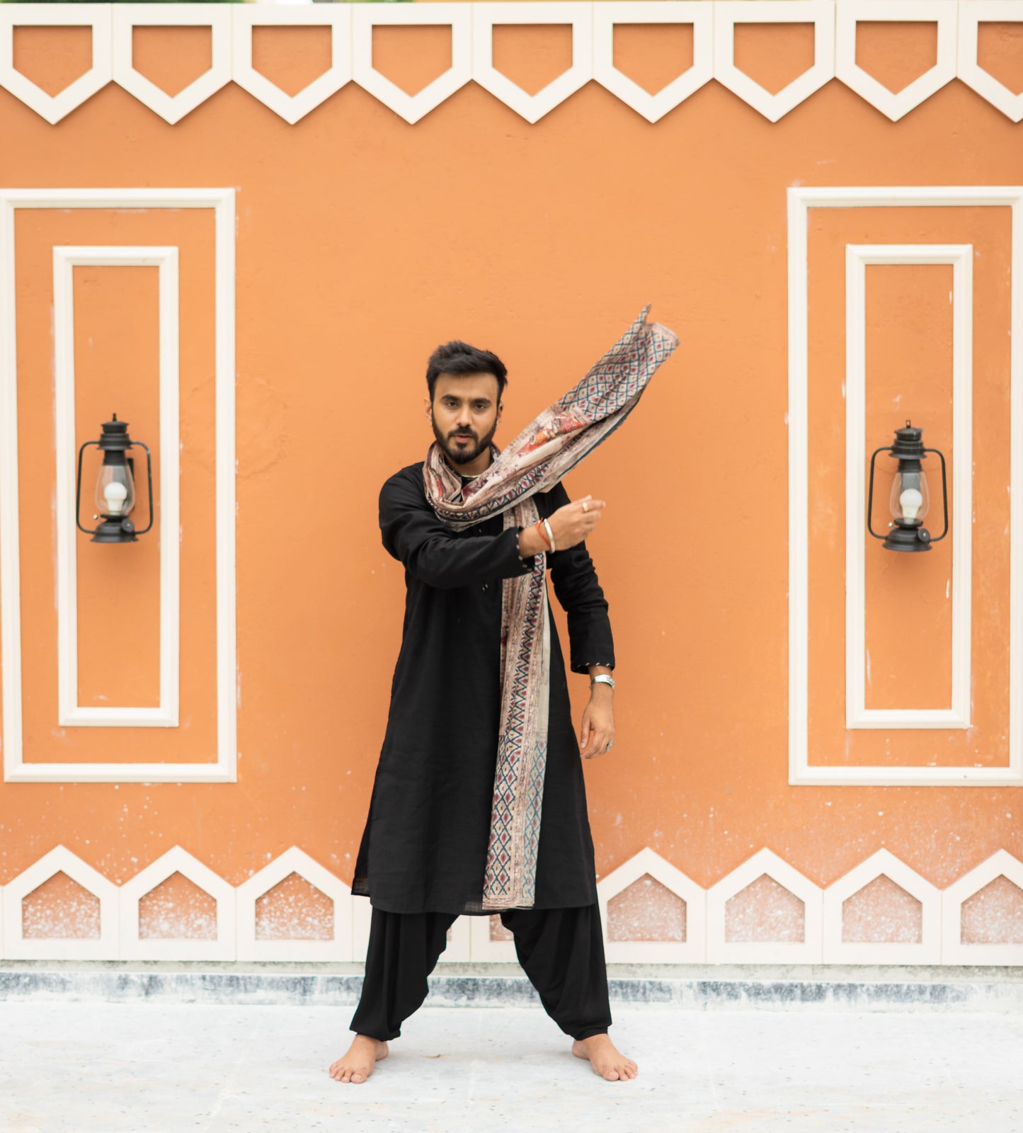 Men’s Black Sigma Silk Kurta with Digital Print Dupatta
