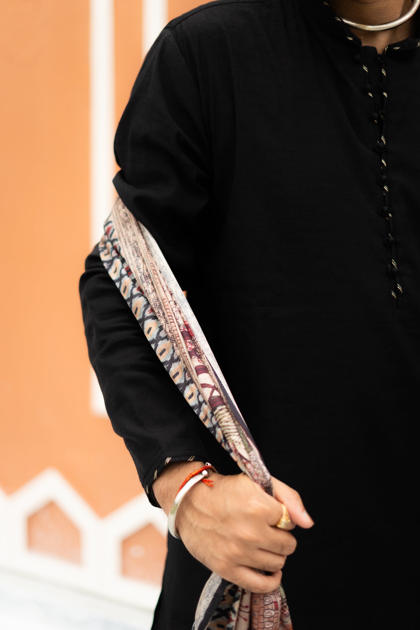 Men’s Black Sigma Silk Kurta with Digital Print Dupatta
