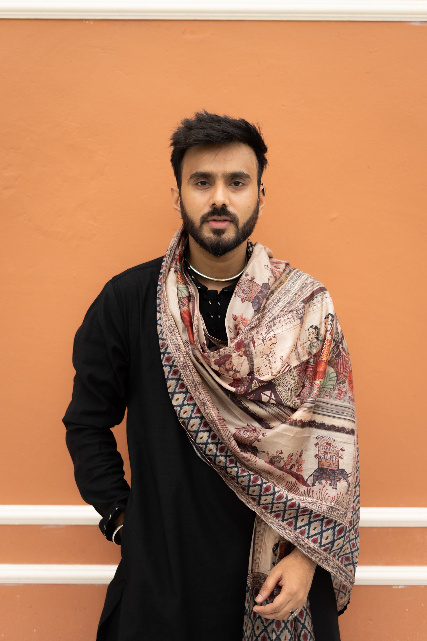 Men’s Black Sigma Silk Kurta with Digital Print Dupatta