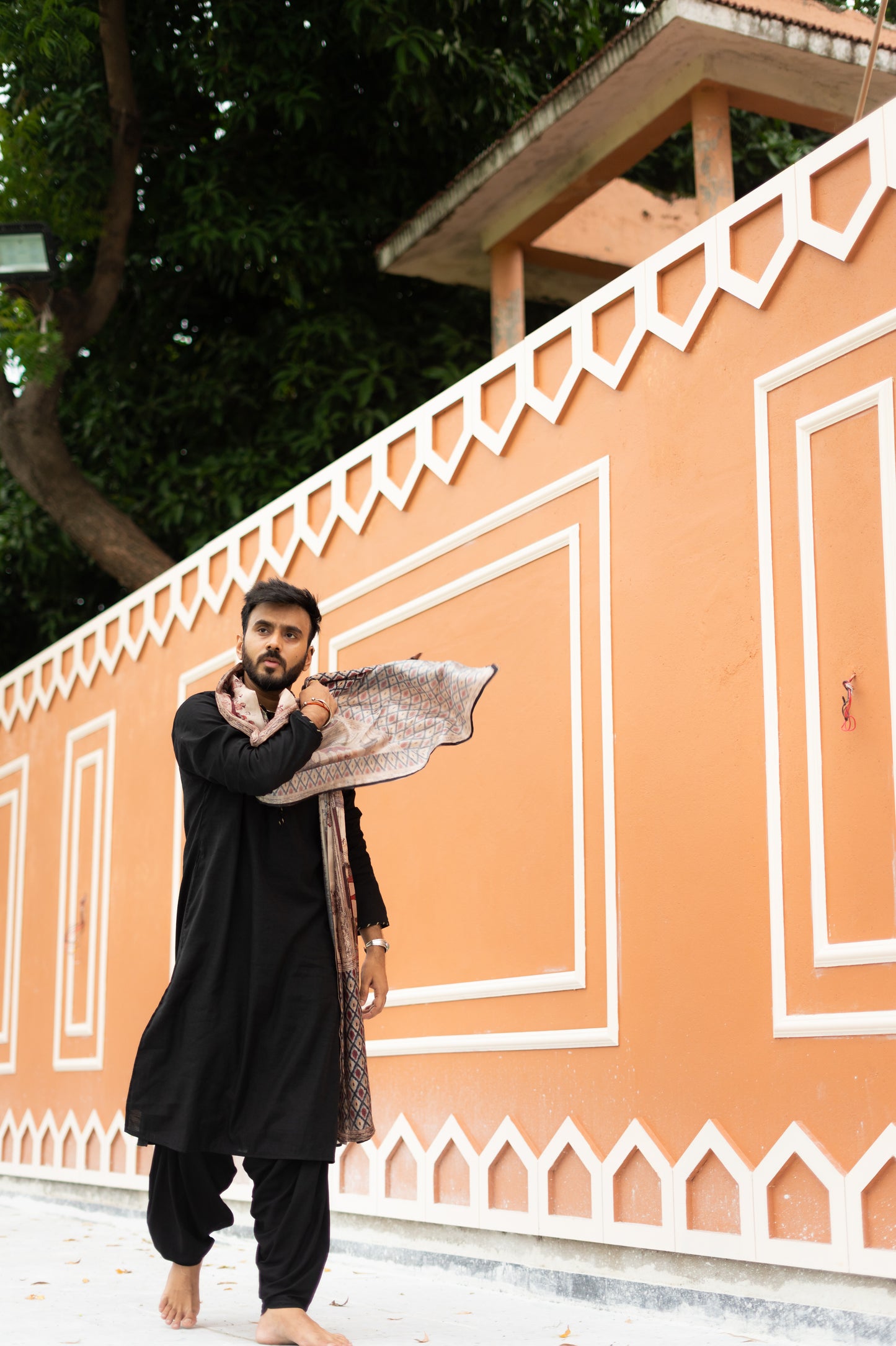 Men’s Black Sigma Silk Kurta with Digital Print Dupatta
