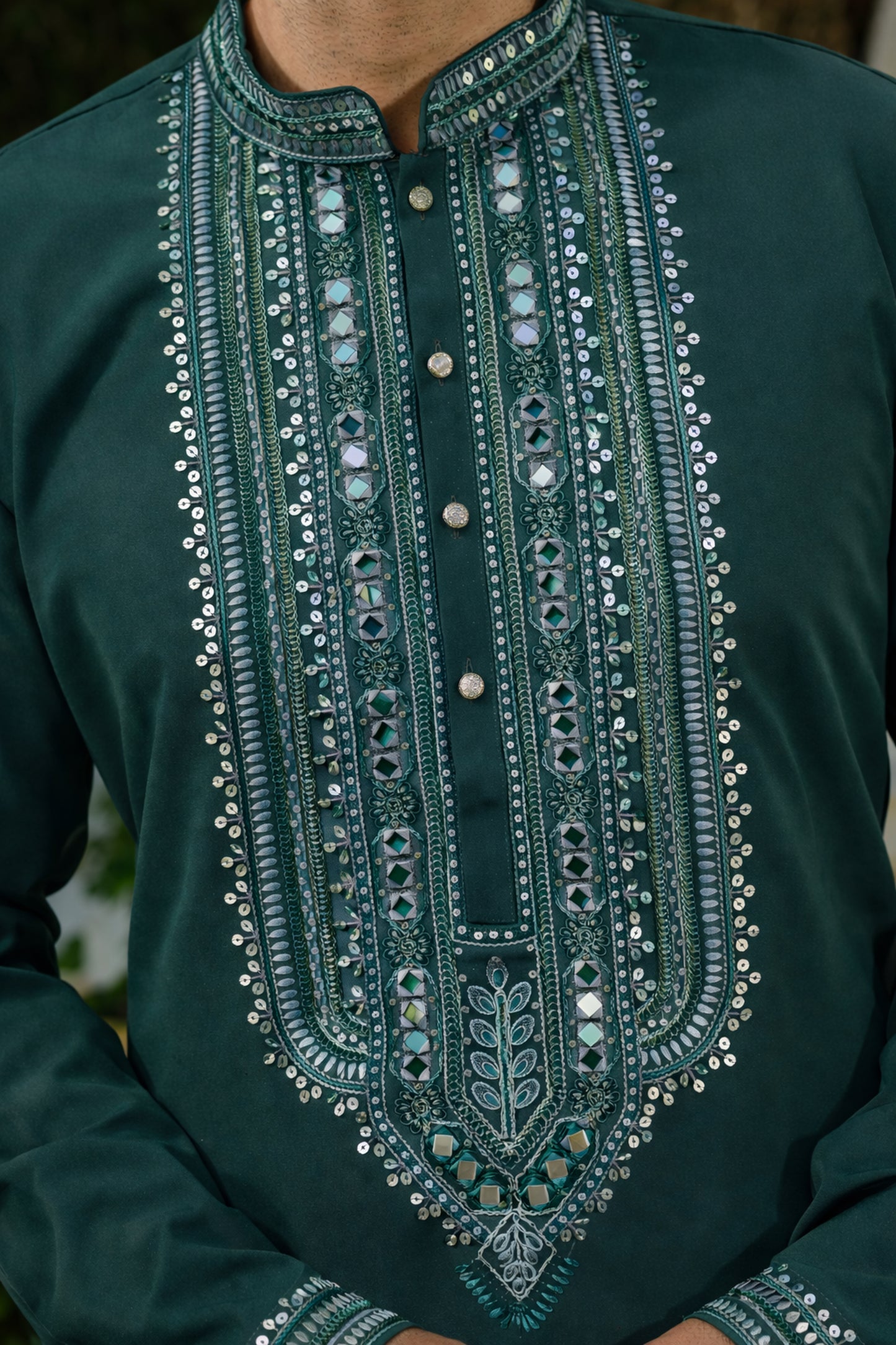 Forest Green Armani Kurta–Bottom Set with Sequins Mirror Work
