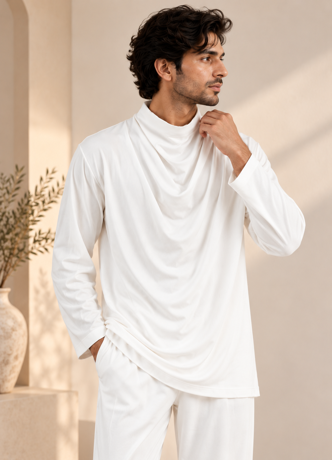 White Poly Cord Set with Cowl Neck