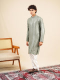 Men's Green Rayon Kurta with Sequins & Threadwork Embroidery Set