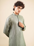 Men's Green Rayon Kurta with Sequins & Threadwork Embroidery Set