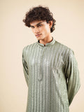 Men's Green Rayon Kurta with Sequins & Threadwork Embroidery Set