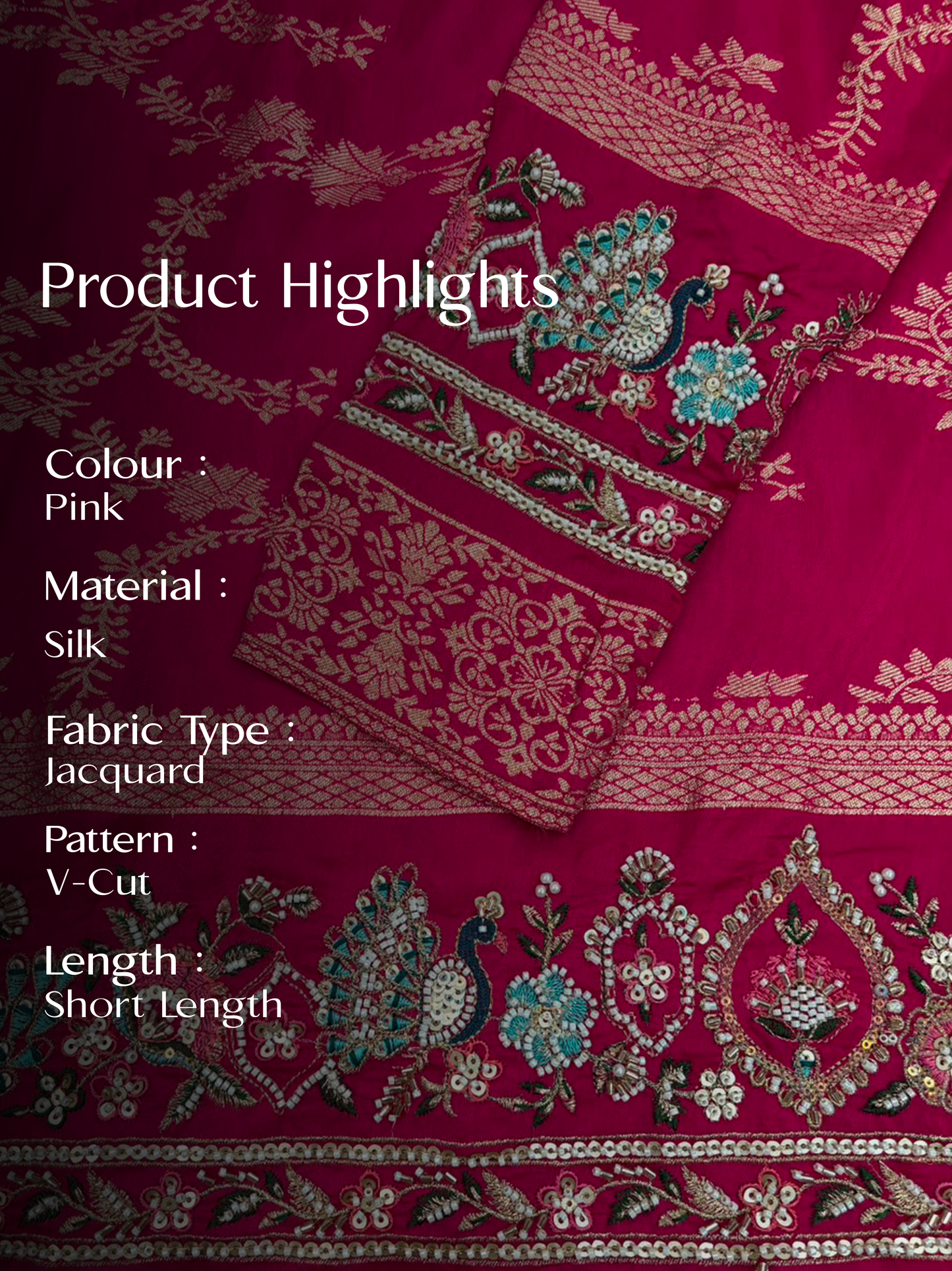 Pink Jacquard Silk Short Kurta Set with Multicolour Embroidery & Bead Work