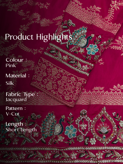 Pink Jacquard Silk Short Kurta Set with Multicolour Embroidery & Bead Work